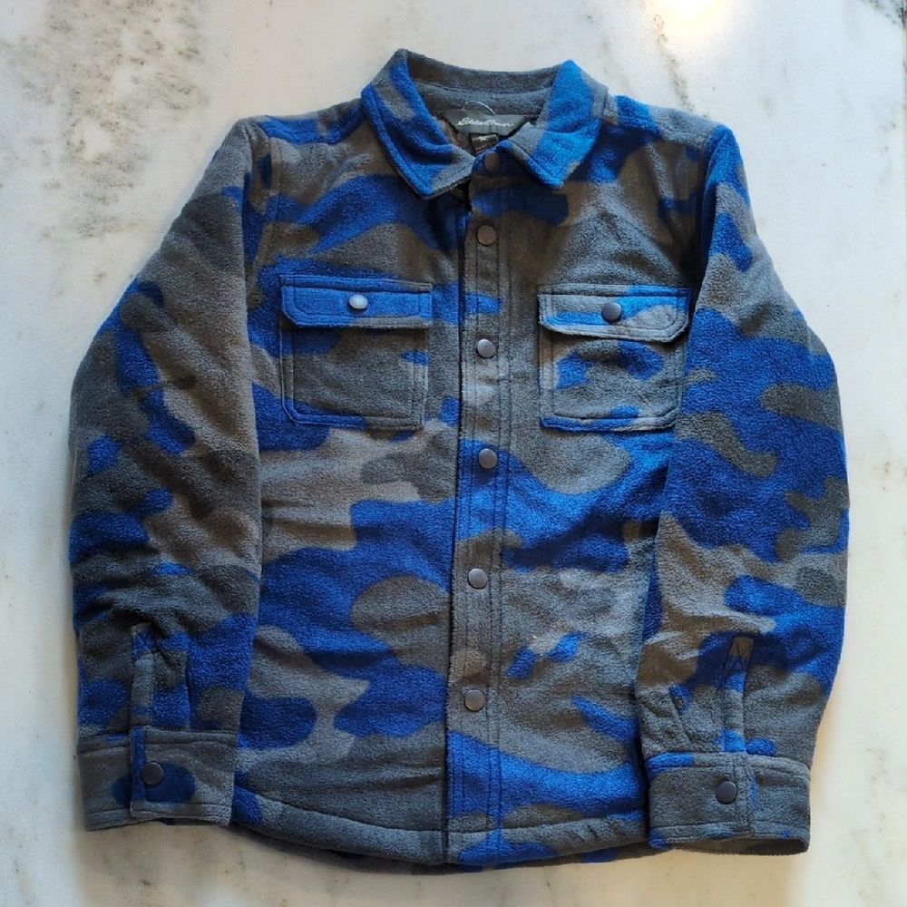 Eddie Bauer Boys XS Blue Gray Camo Fleece Shacket Snap Front NWT
